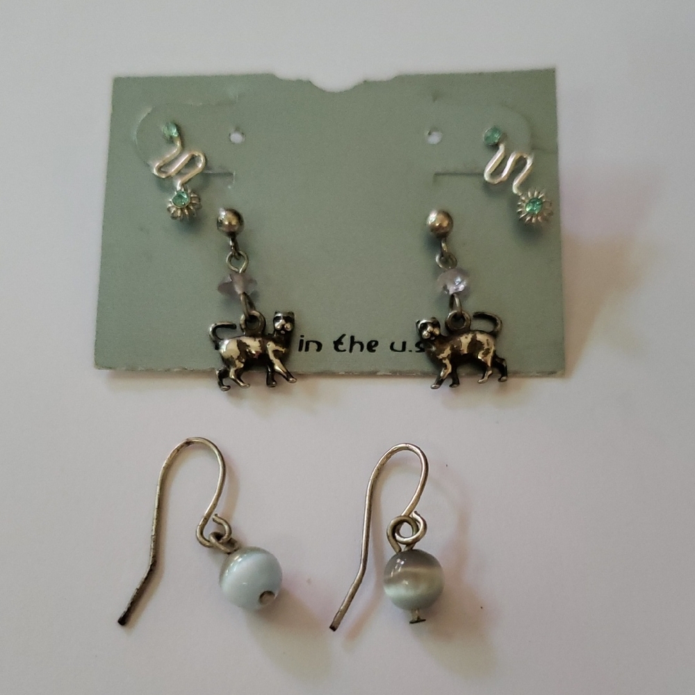 3 pairs of Earrings: Silver Cat and Cat Eye Earrings plus bonus Crystal Earrings